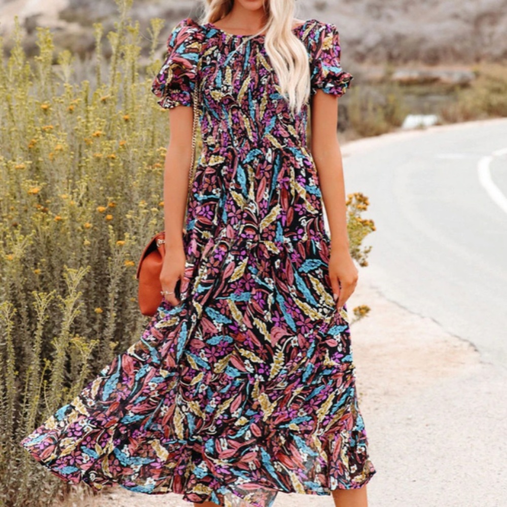 NIGHT FEVER SMOCKED PUFF SLEEVE MIDI DRESS- new in bag